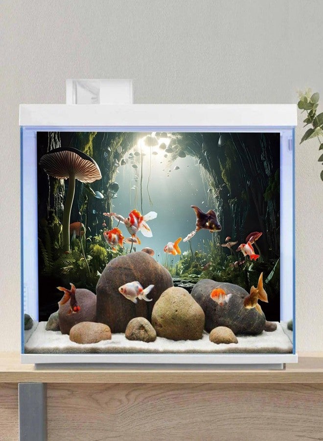 AWERT 36x18 inches Aquarium Background Foggy Stone Mushroom Moss Terrarium Background Polyester Green Plants Cave Fish Tank Background - Image 3